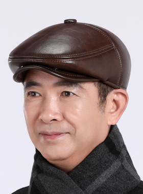 中老年人真皮帽子男秋冬天加绒保暖爸爸爷爷老头帽前进鸭舌老人帽
