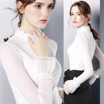 Long sleeve mesh Dance Top new high collar Latin dance dress women's national standard dance modern dance performance practice white