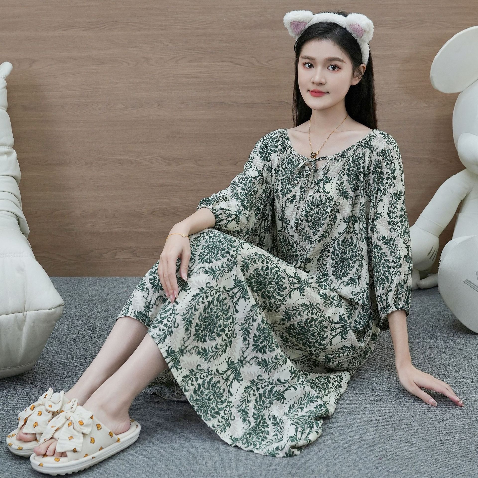 家居服棉绸中袖大码宽松碎花夏季