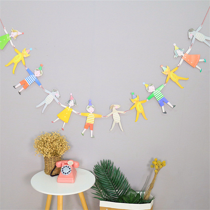 生日拉旗宝宝周岁背景墙布置网红派对快乐儿童卡通手拉手挂旗装饰