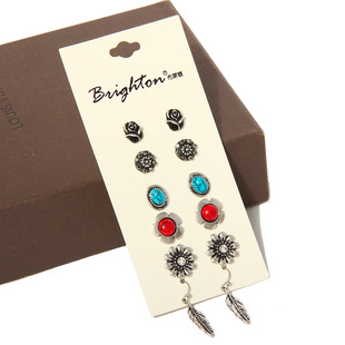 复古藏式耳钉套装仿松石玫瑰花树叶耳饰简约民族风藏族耳环藏饰女