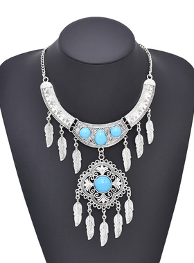 民族风异域夸张银色项链叶子合金