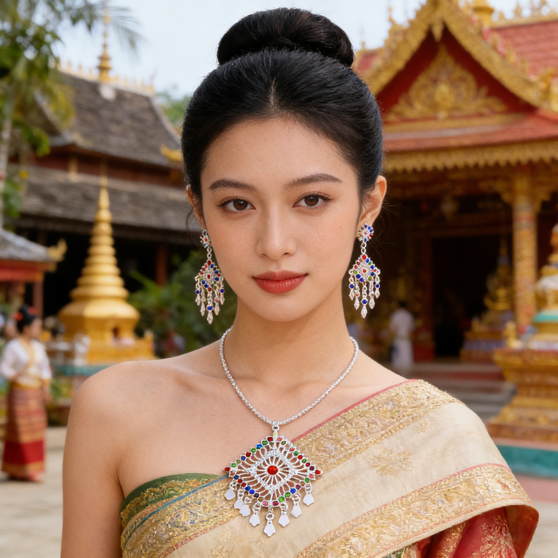 民族风彩色镶钻项链耳夹套装女傣族风云南西双版纳旅游泰式配饰女,饰品/流行首饰/时尚饰品新,组合套装,淘宝优惠券,粉丝福利购,淘宝优惠卷