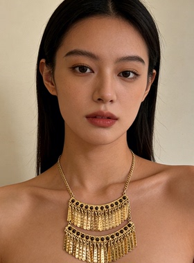 金色复古双层流苏气质锁骨链女