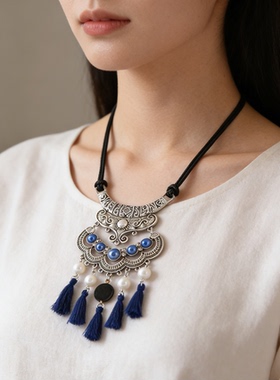 民族风复古藏银项链蓝色流苏颈链