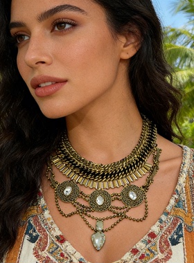 欧美夸张多层金属项链镶钻锁骨链