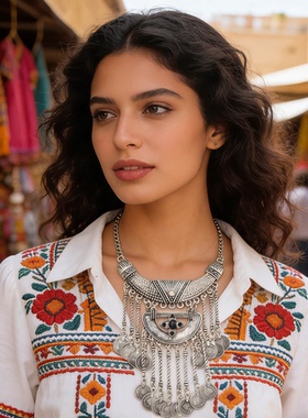 波西米亚复古做旧钱币流苏项链女