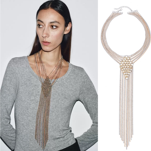 新款欧美夸张多层链条流苏项链手链套装金属圆环拼接领带式项饰女