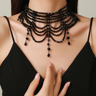 波西米亚风格围脖式繁琐项链个性水晶珠多层流苏项链抹胸礼服配饰
