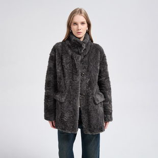 慵懒立领卷毛环保皮草中长款 大衣外套