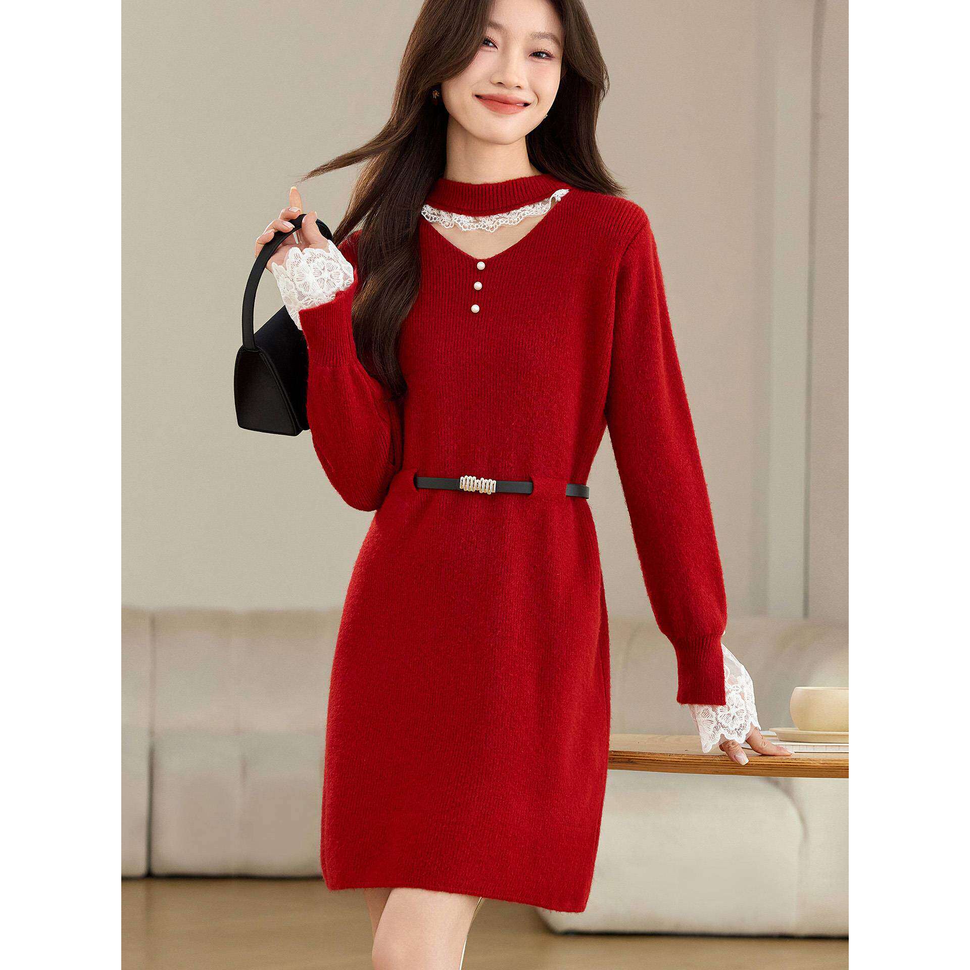 秋冬覆古红港风蕾丝拼接针织连衣裙女中长款小个子收腰新年战袍