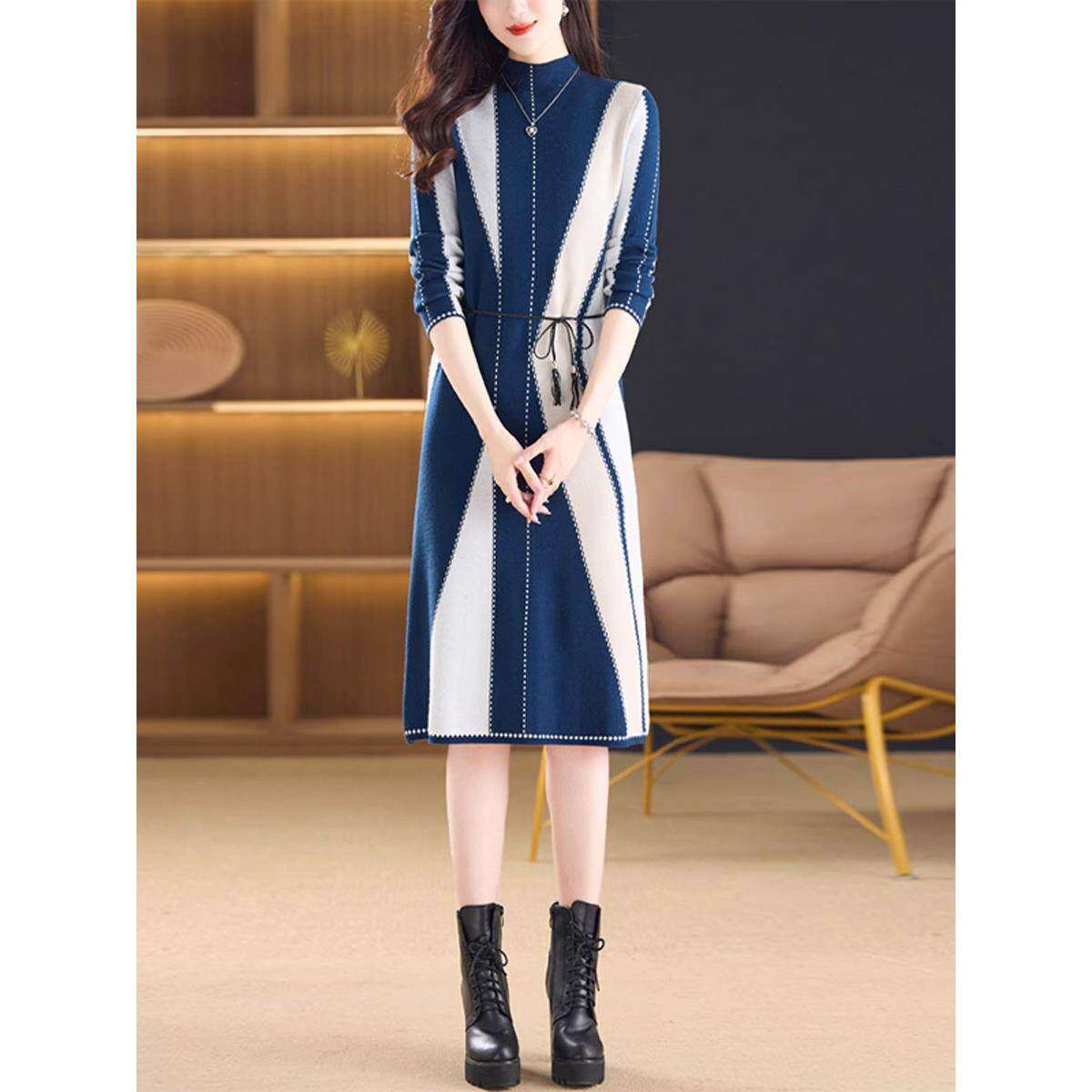 秋冬季新款针织连衣裙女中长款收腰毛衣裙过膝内搭洋气拼色打底裙