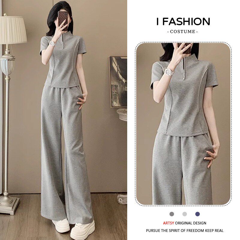 休闲运动服套装女士2026夏季新款正肩短袖阔腿裤修身显瘦两件套潮