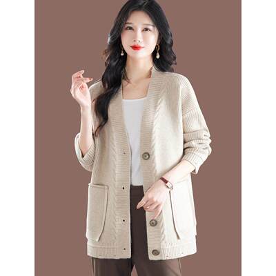 毛衣外套春秋装2025新款女宽松中长款羊毛针织开衫外搭披肩