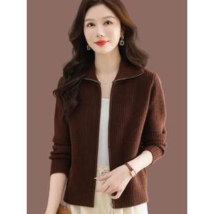 纯色毛衣开衫女2025新款妈妈外套春秋翻领羊毛针织开始衫披肩外搭