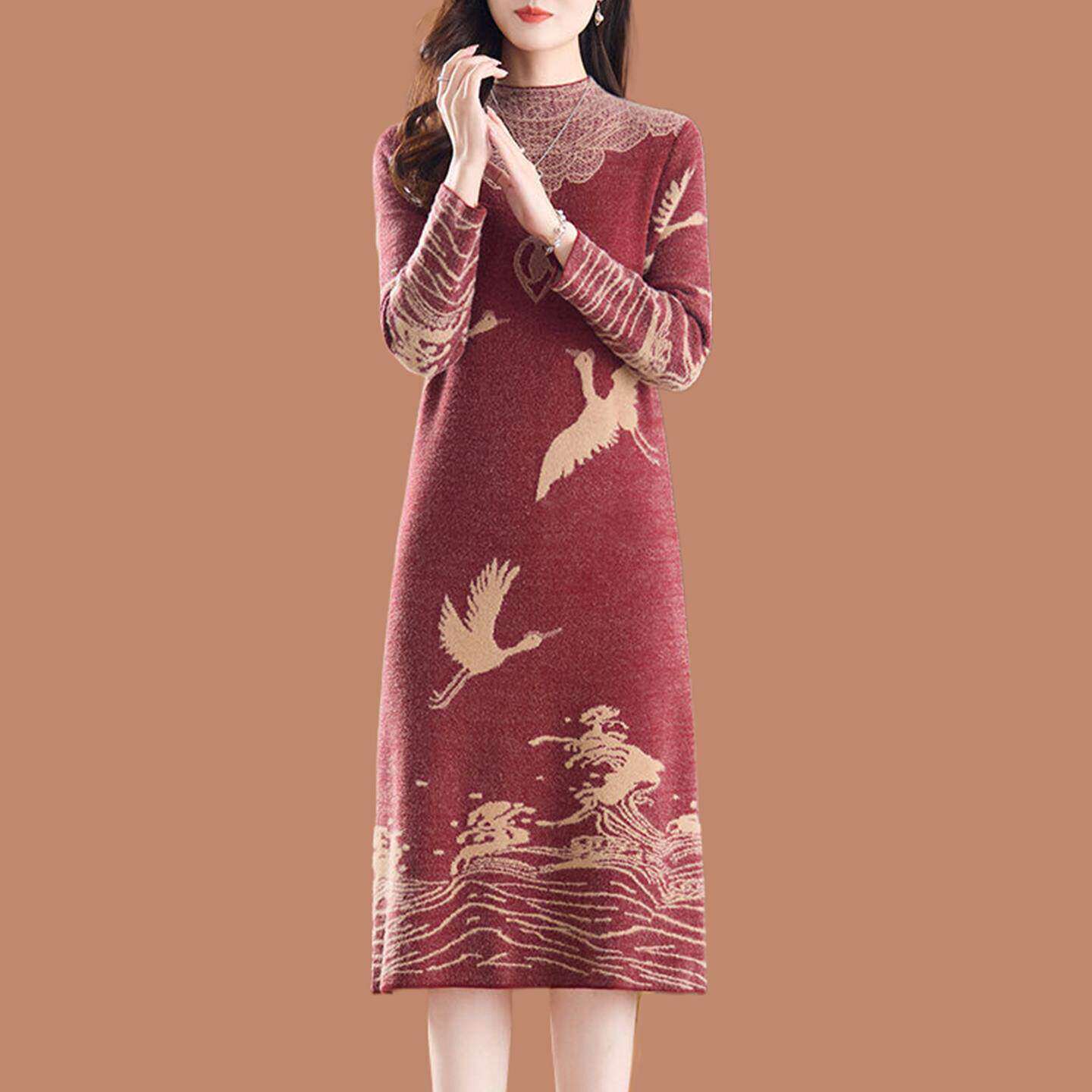 年轻妈妈气质减龄加厚针织连衣裙女秋冬水貂绒提花过膝羊毛打底裙