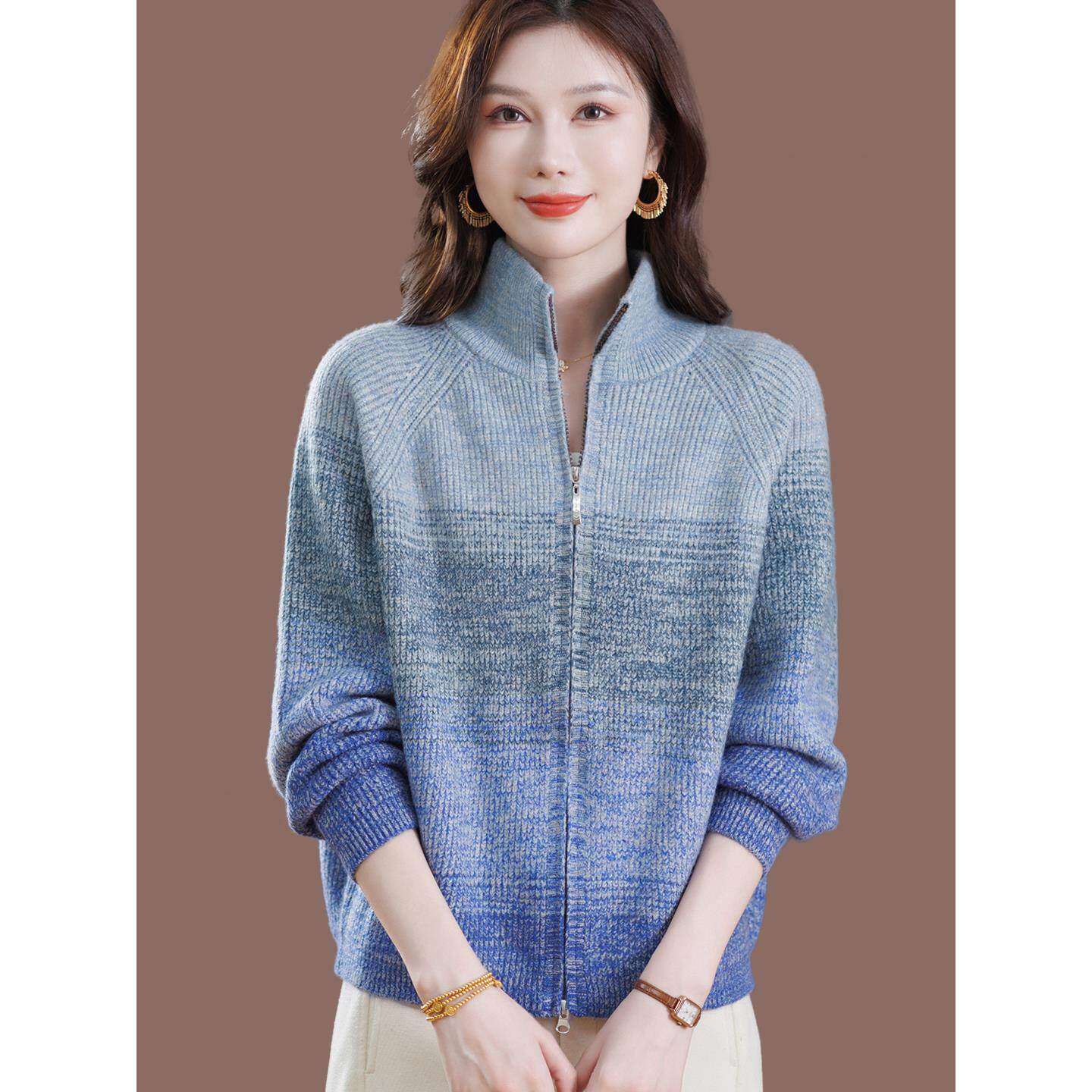 立领拉链花线针织开衫女2025新款春秋羊毛外搭上衣毛衣外套披肩