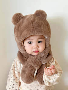 儿童帽子2023冬季新款女童宝宝婴儿围巾一体帽护耳帽秋季围脖男孩