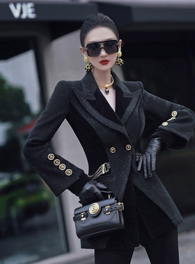 VJE秋冬季女士黑色拼接毛呢西装外套新款设计感夹棉呢子西服