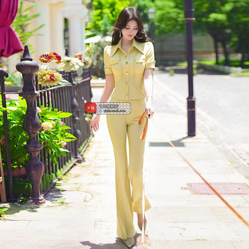 夏季时尚装饰造型分割短袖衬衫喇叭裤两件套新款干练减龄套装