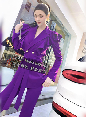 VJE春季紫色设计感小众套装新款荷叶边西装高腰喇叭裤两件套