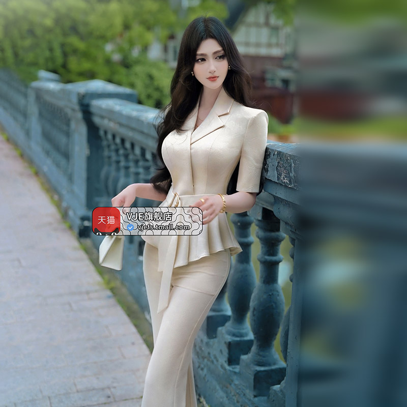 VJE夏季不规则设计感短袖西装喇叭裤两件套新款减龄职业套装