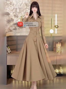 VJE重要场合春季职业OL风衬衫裙2026新款收腰中长款过膝连衣裙
