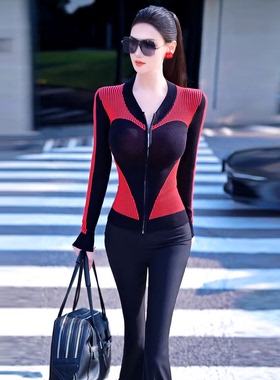 VJE初秋拼色格纹休闲针织开襟外套2025新款长袖修身外穿毛衣上衣