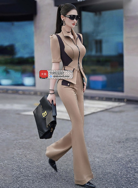 VJE撞色拼接修身职业正装套装春夏新品OL外套微喇叭两件套