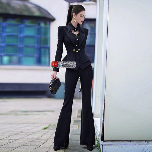 VJE秋季职业OL搭配套装新品修身显瘦小西服高腰喇叭裤两件套