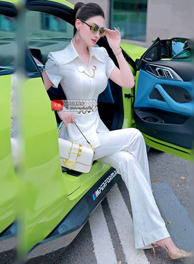 夏季小众设计感暗纹印花上衣微喇叭裤两件套2025新款OL风衬衫套装
