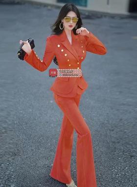 VJE入秋整套穿搭双排扣西装喇叭裤两件套新款OL西装套装