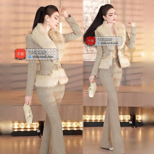 VJE冬季设计感加厚毛呢套装2025新款干练外套高腰微喇叭裤两件套