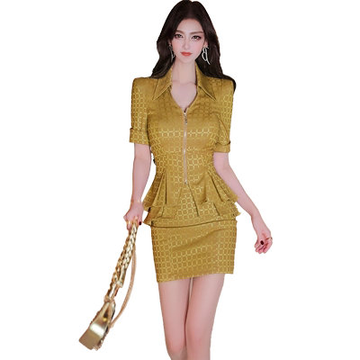 VJE夏季女人味翻领上衣性感包臀裙两件套新款职业范商务套装