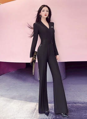 VJE黑色女装时尚V领高腰连体裤早春新款气质修身西装连身裤