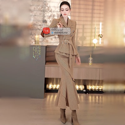 VJE秋冬设计感修身上衣鱼尾裙两件套2025新款女人味干练气质套装