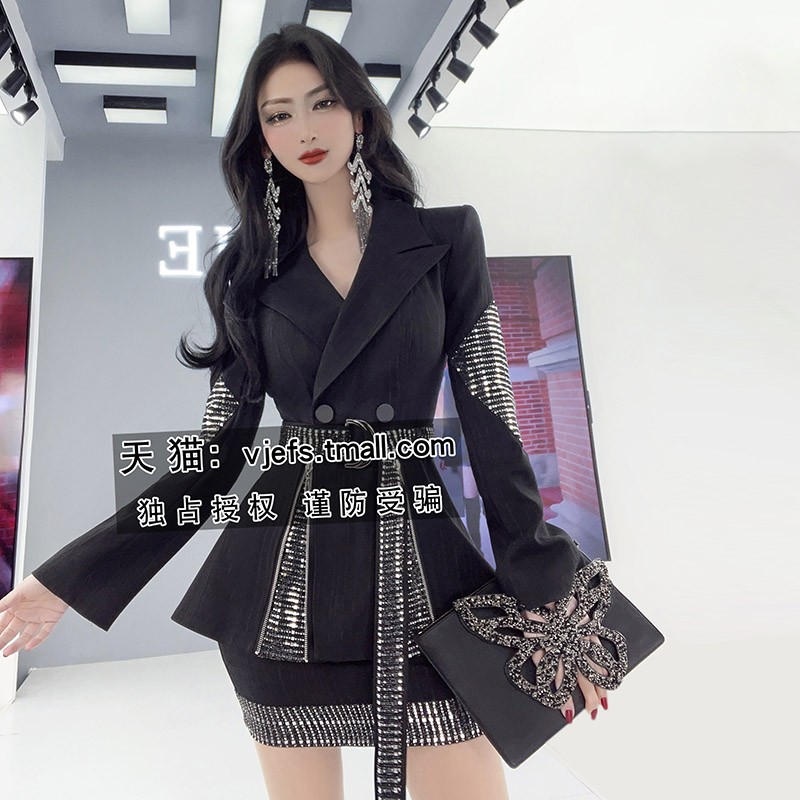VJE春装设计感亮片炸街减龄西装套装新款拼接西服裙裤两件套