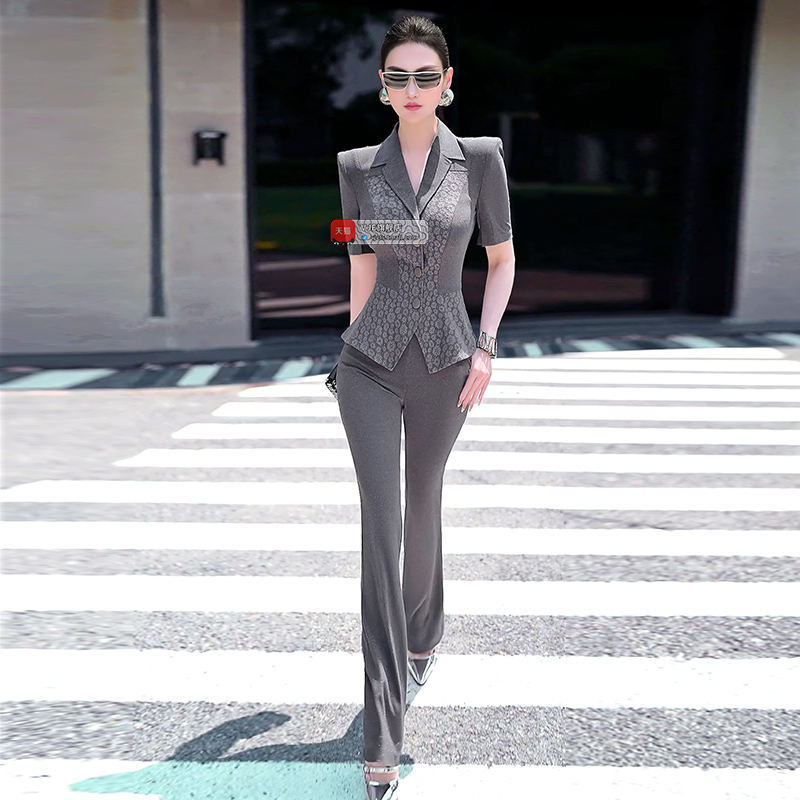 VJE夏季欧美蕾丝花边拼接西服套装2025新款外套高腰喇叭裤两件套