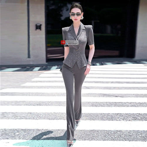 VJE夏季欧美蕾丝花边拼接西服套装2025新款外套高腰喇叭裤两件套