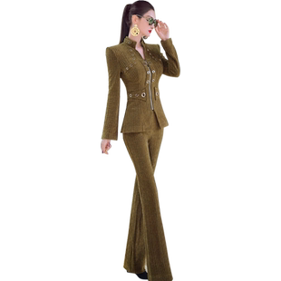 VJE秋冬欧美半高领外套微喇叭裤新款成套搭配女装减龄套装