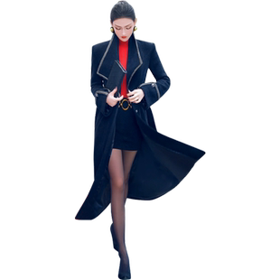 VJE欧美设计感长款过膝翻领大衣冬季双排扣修身气质干练外套