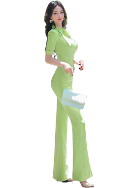 VJE夏季果绿色衬衫高腰喇叭裤两件套新款别致气质职业套装