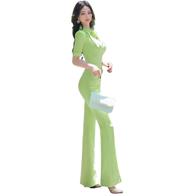 VJE夏季果绿色衬衫高腰喇叭裤两件套新款别致气质职业套装