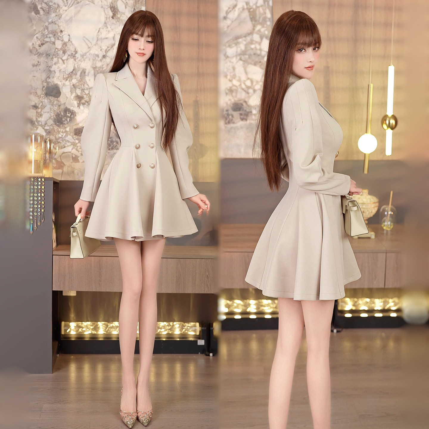 VJE春季设计感羊腿袖双排扣西装裙2025新款气质通勤开襟连衣裙