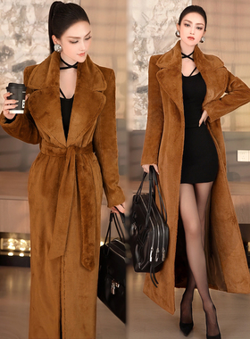 冬季大翻领仿皮草大衣2025新款咖色气质减龄通勤中长款系带外套