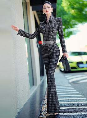 英伦风仿牛仔千鸟格外套喇叭裤两件套新款一整套入秋穿搭套装