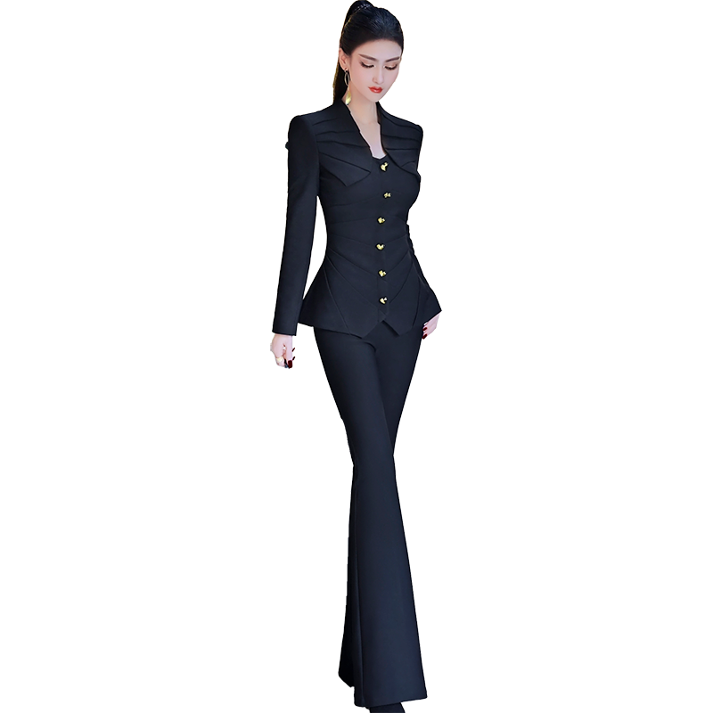 VJE设计感假两件OL外套微喇叭裤春季新款气质减龄重工套装