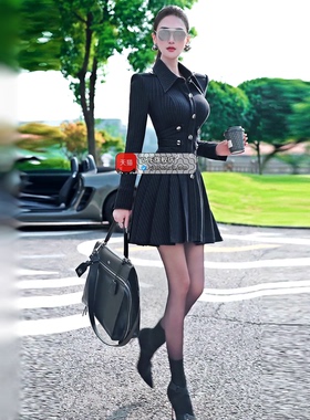 VJE秋季时尚条纹洋气小个子百褶连衣裙2025新款通勤收腰OL衬衫裙