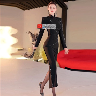 VJE秋季小众新中式钉珠过膝旗袍裙2025新款中长款修身立领连衣裙