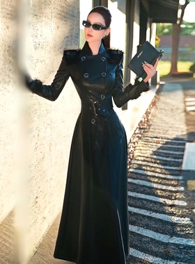 VJE秋冬款时尚黑色仿皮大衣2025新款气质女王范收腰过膝风衣外套